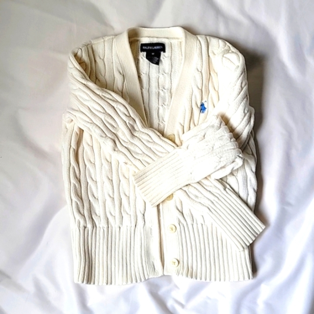 EUC RALPH LAUREN Classic V Neck Cable Knit Cotton Cardigan Unisex